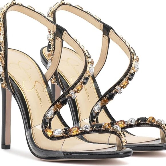 Jessica Simpson Black Patent Crystal Embellished Strappy Stiletto Heels – Size 8 - Picture 1 of 12